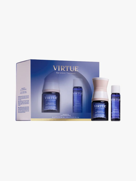 Virtue Healing Oil Home & Away Duo in branded components on a light gray background