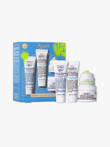 Kiehl’s Mini Moistures, Big Benefits Set in branded components on a light gray background