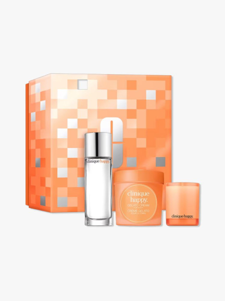 Clinique A Happy Trio Fragrance Set in branded components on a light gray background