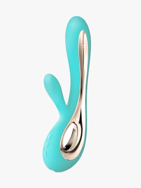 LELO Soraya 2 turquoise and gold rabbit vibrator on light gray background