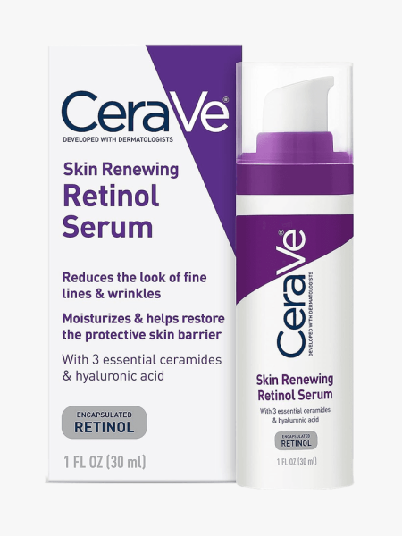 CeraVe Skin Renewing Retinol Serum in purple branded bottle component on a light gray background