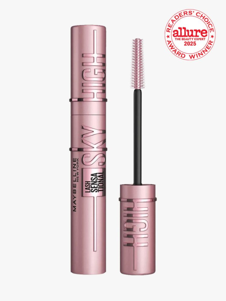 Maybelline New York Lash Sensational Sky High Mascara pink tube of mascara on a light gray background with white Allure Readers' Choice Award seal in the top right corner